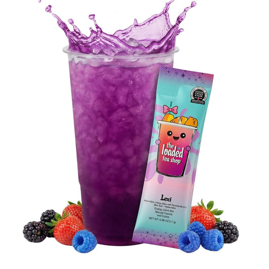 Purple iced tea cup with splash and Loaded tea stick packet, rainbow mix