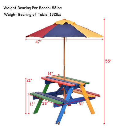 Kids picnic table set with detachable umbrella in multicolor benches and tabletop