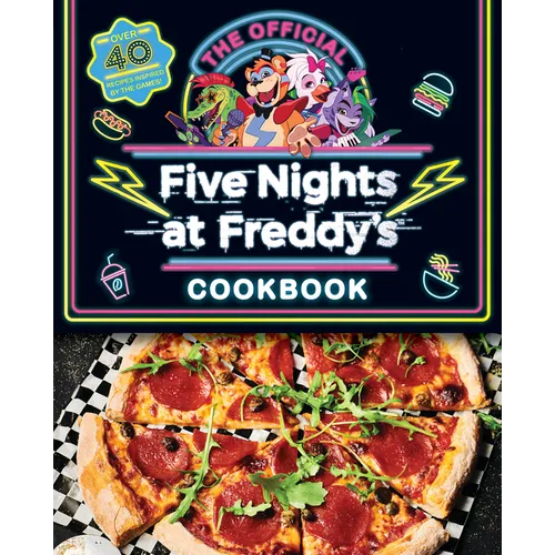 Hardcover Five Nights at Freddy's cookbook with neon cartoon characters and pizza illustration