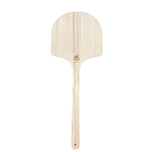 Wooden pizza peel with long handle and rounded head