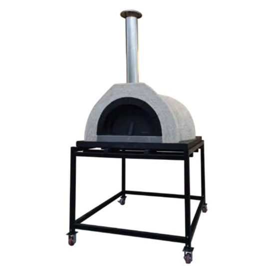 Concrete wood fired oven kit with arched chamber and black stand, ready for assembly