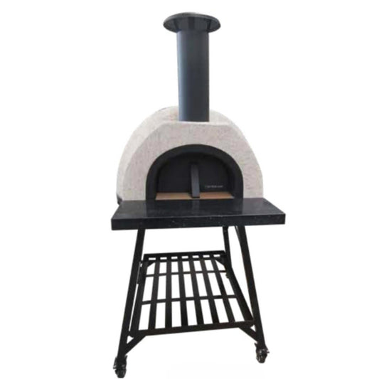 Freestanding DIY wood fired pizza oven with black metal stand and arched opening