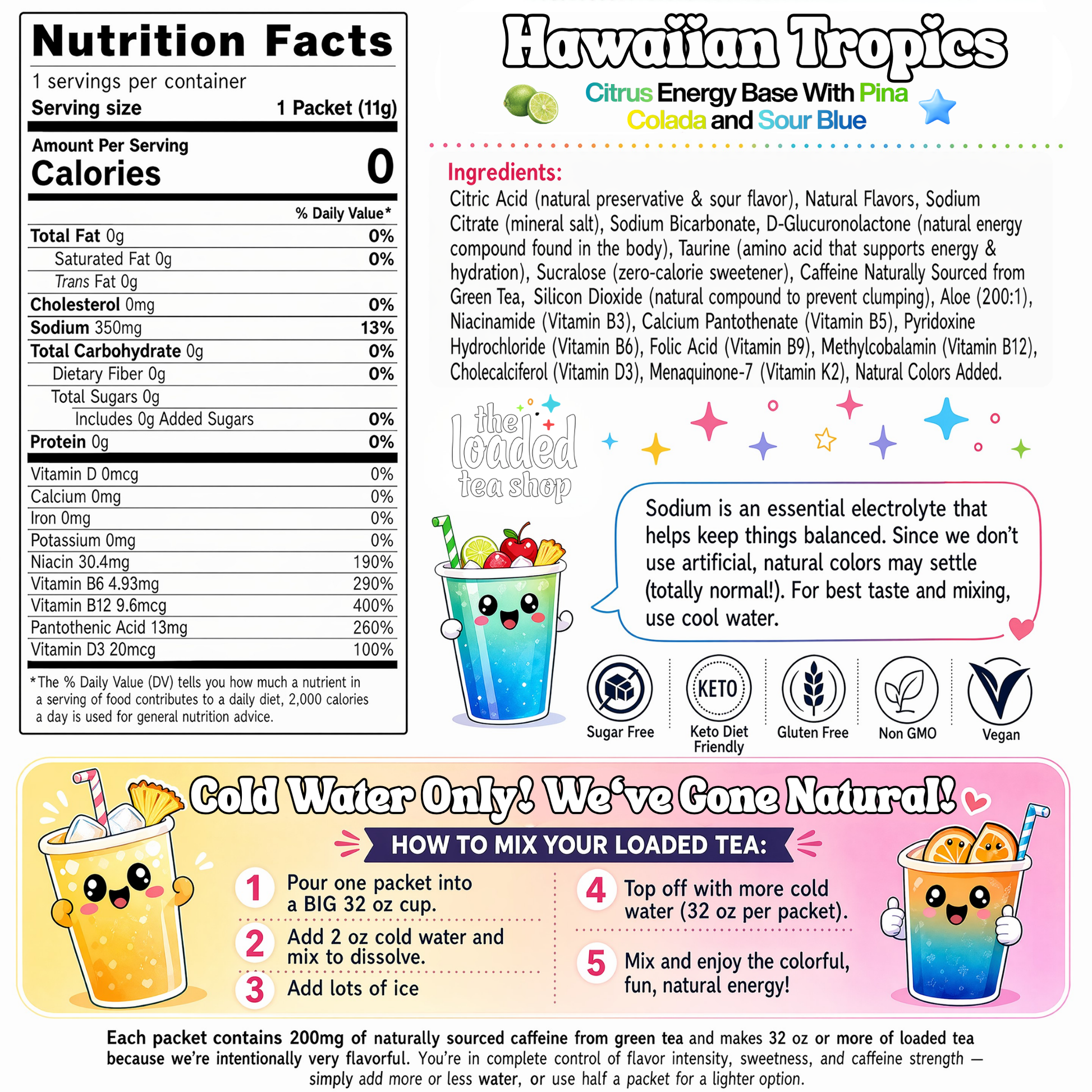 Hawaiian Tropics citrus energy base powder nutrition facts and ingredient panel