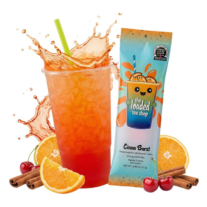 Iced Cinna Burst loaded tea in a clear cup with a cinnamon-cherry flavor stick pouch