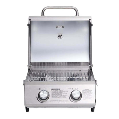 Stainless tabletop propane gas grill with open lid and grill grates