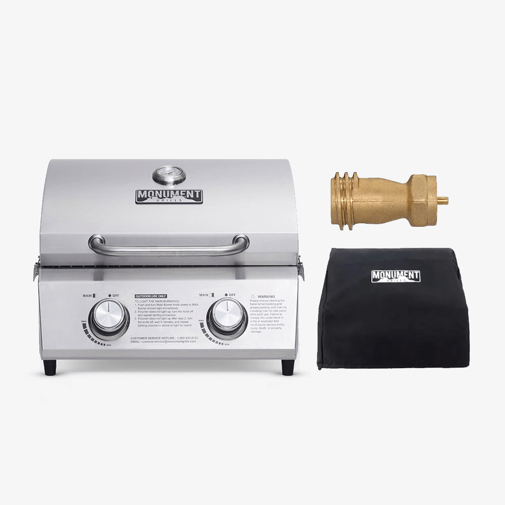 Stainless tabletop propane gas grill with tank adapter and black cover