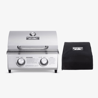 Stainless tabletop propane gas grill with black cover, two control knobs and handle