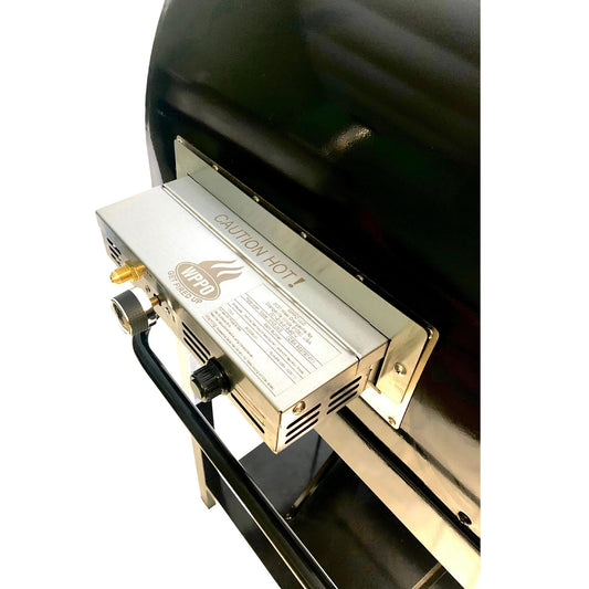 Gas burner module with metal housing and fuel line fittings for outdoor oven