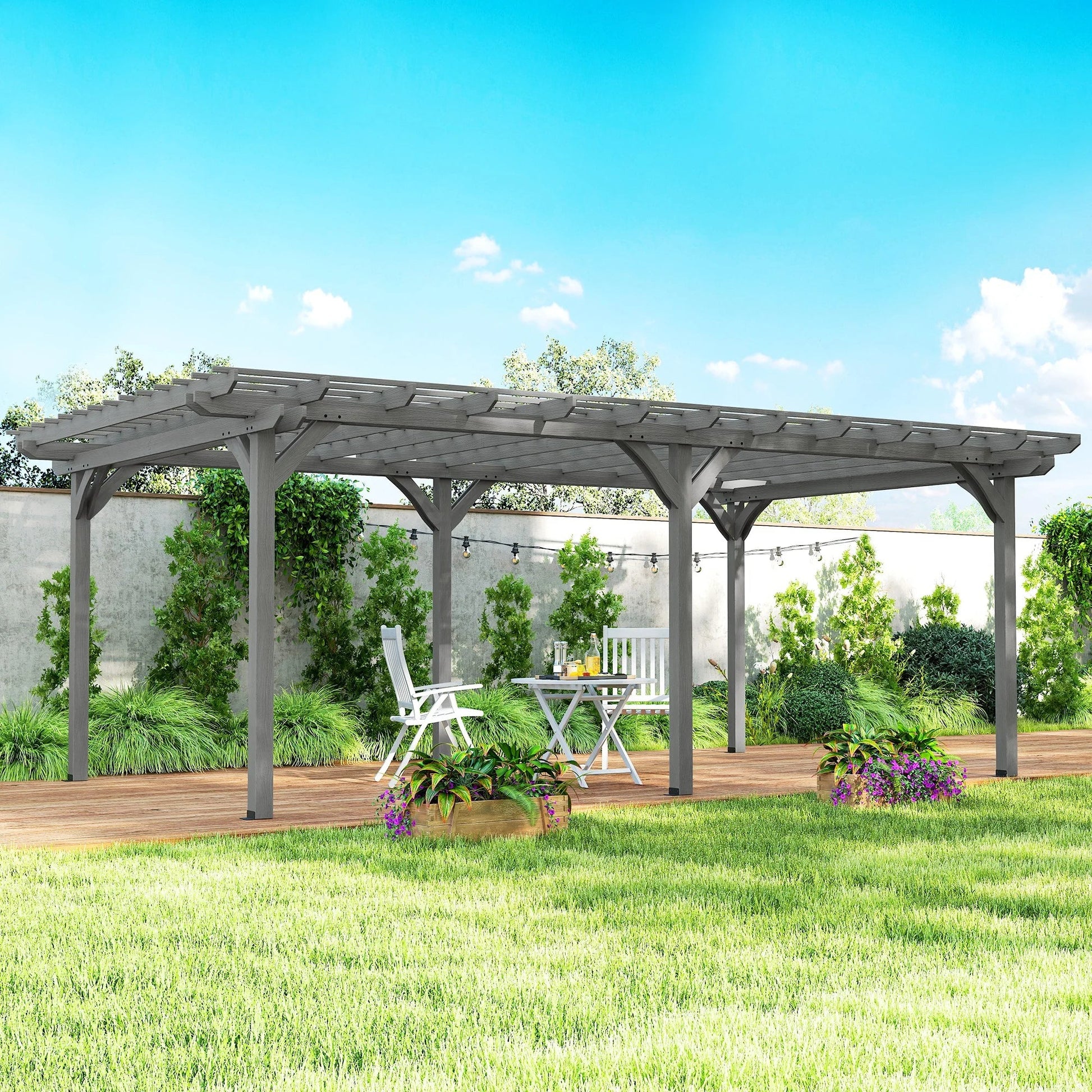 Gray wooden pergola with slatted canopy and four posts over garden patio