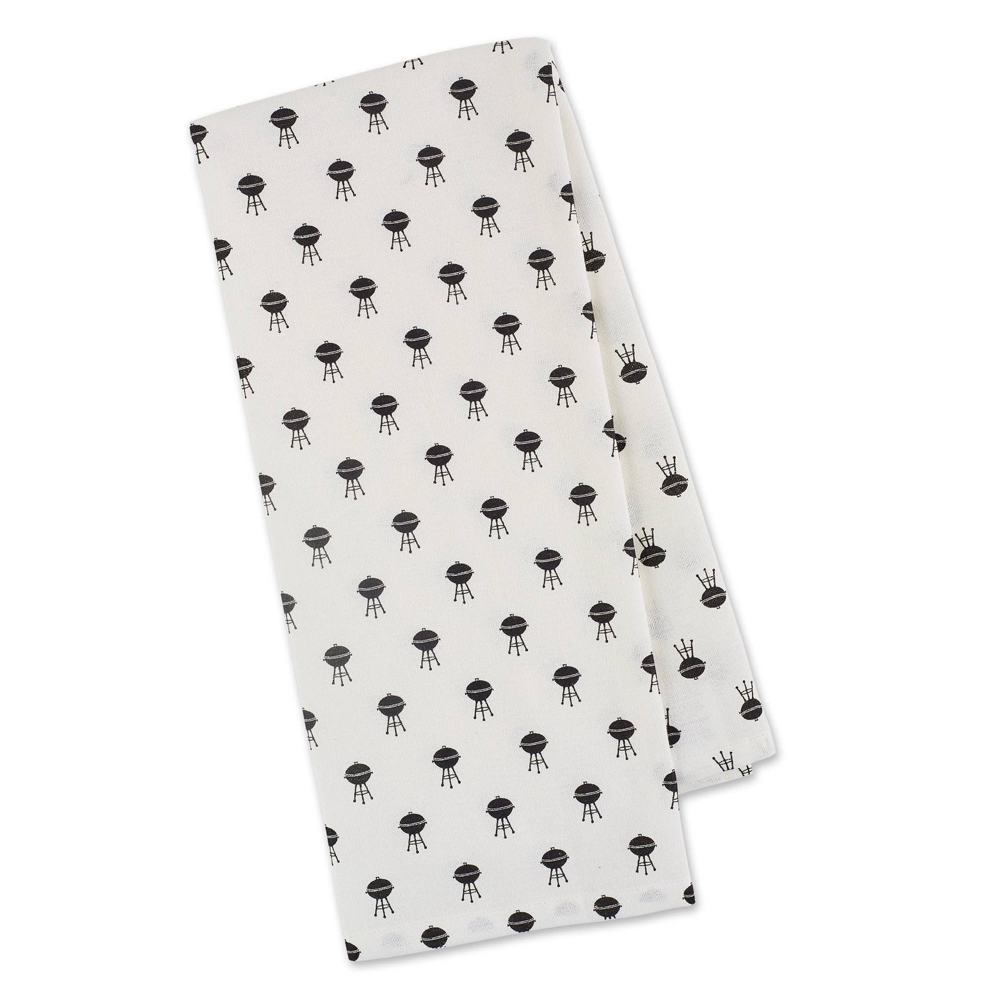 White BBQ dishtowel with repeating black grill icon pattern