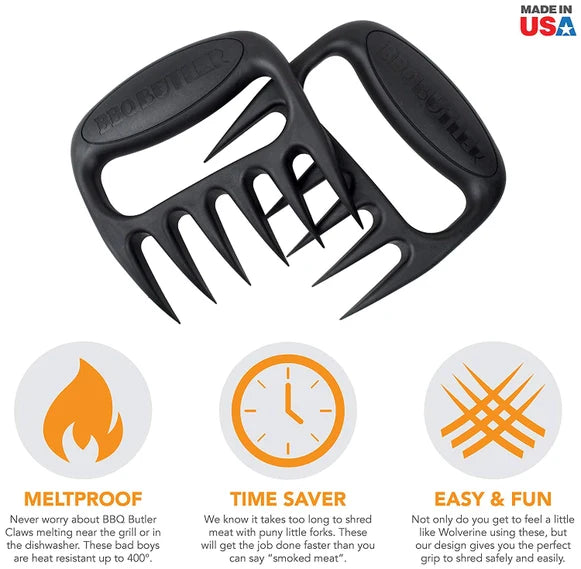 Black BBQ tool with finger guards and heat guide icons for meltproof and easy use