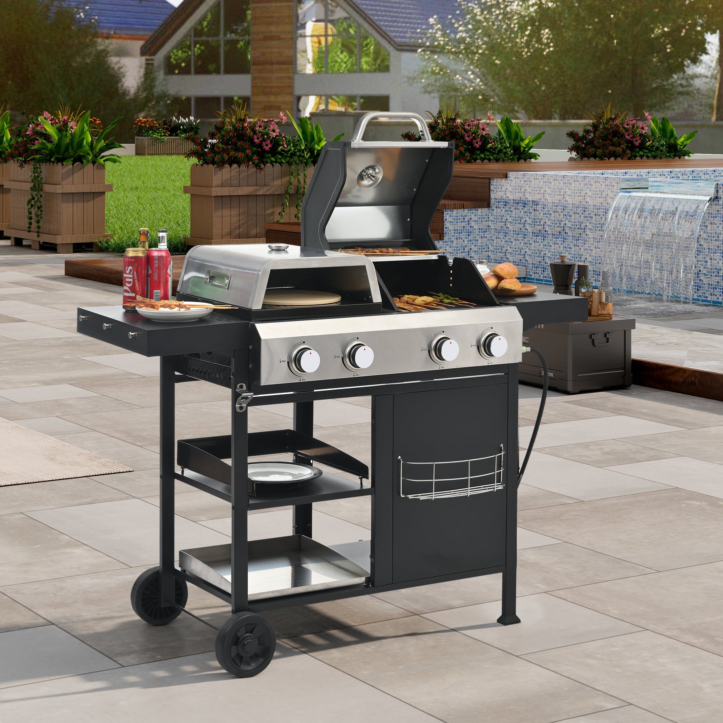 Black and silver gas grill with open grates and griddle surface on patio