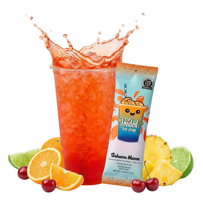 Loaded tea cup with Bahama Mama packet, orange-red cherry limeade drink and fruit