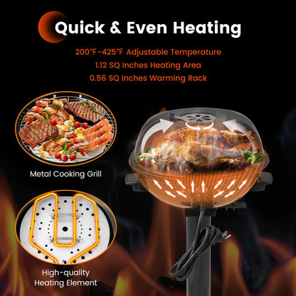 1600W Electric BBQ Grill with Removable Non-Stick Warming Rack – Indoor & Outdoor