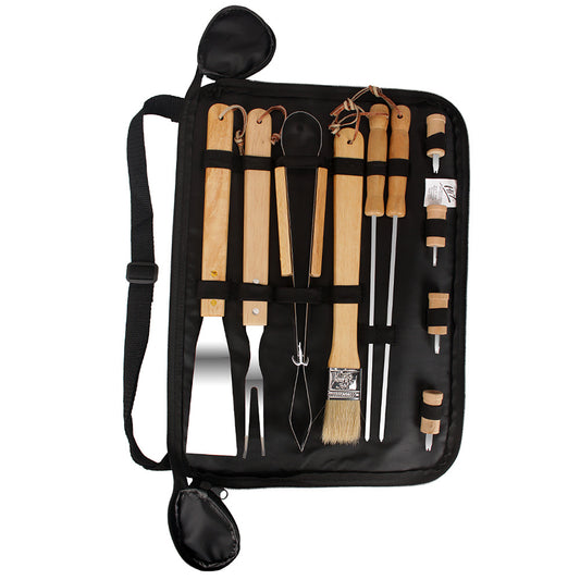 Travel BBQ tool kit in black zip pouch with wooden-handled stainless utensils