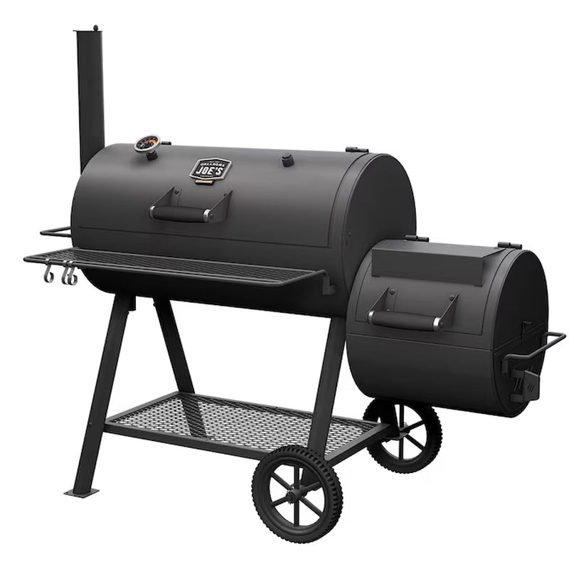 Black offset barrel smoker on four wheels with large main chamber and side firebox