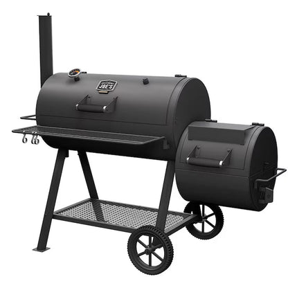 Black offset barrel smoker on four wheels with large main chamber and side firebox