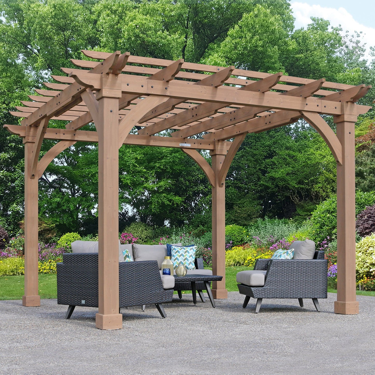 Wood pergola with trellis roof and 6x6 posts over outdoor seating
