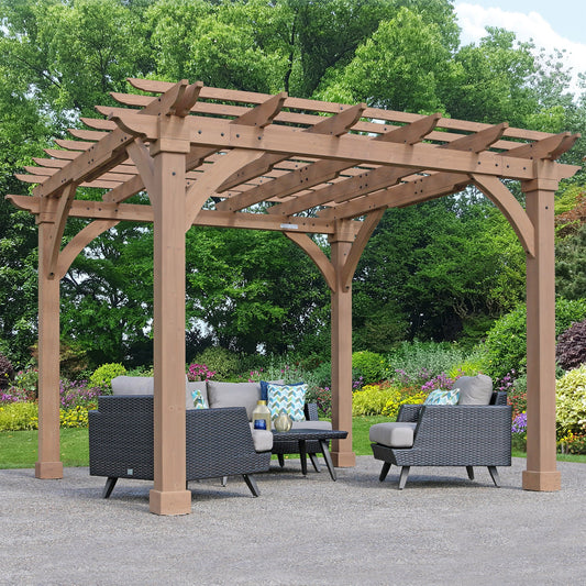 Wood pergola with trellis roof and 6x6 posts over outdoor seating