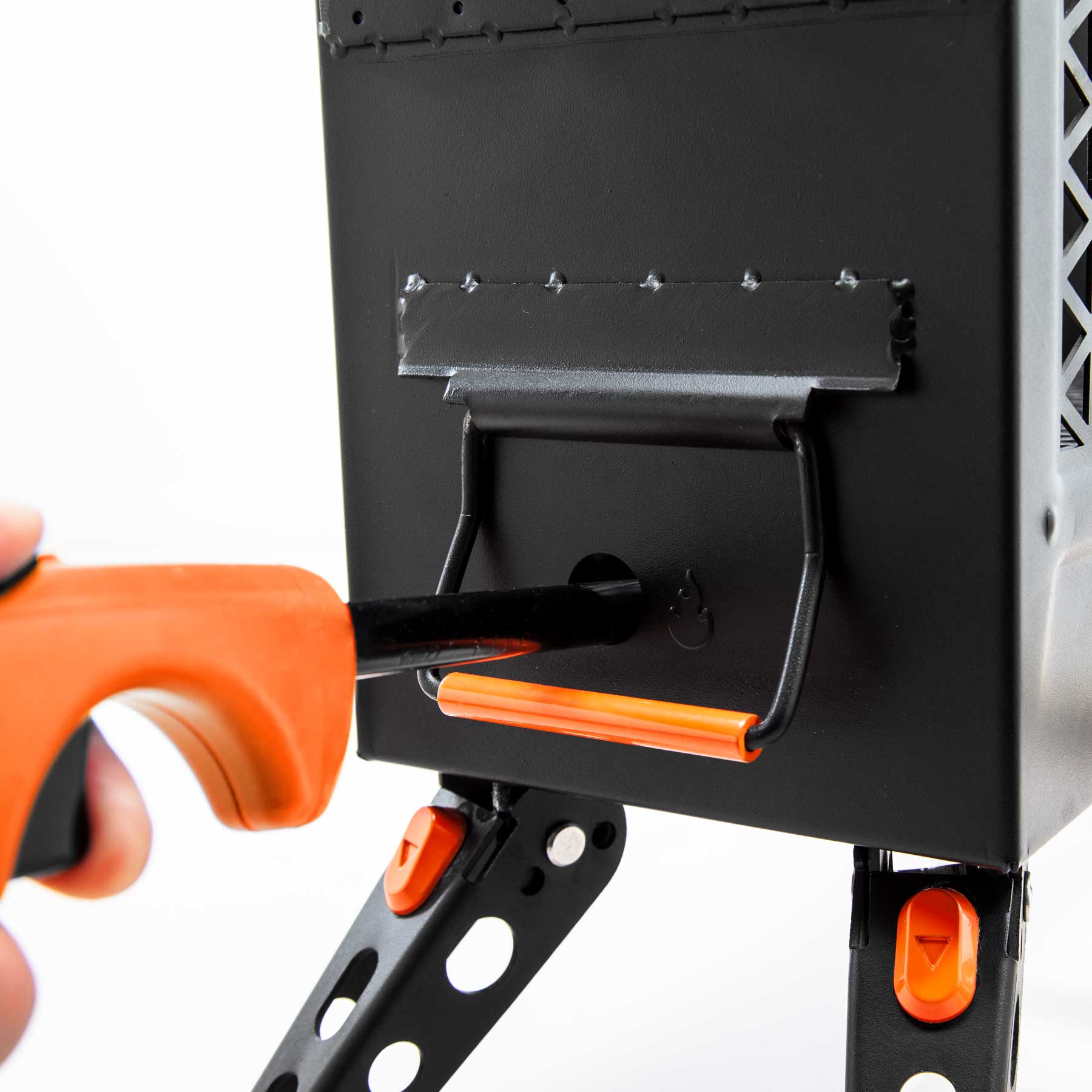 FireCan portable fire pit close-up of side control lever and orange detail