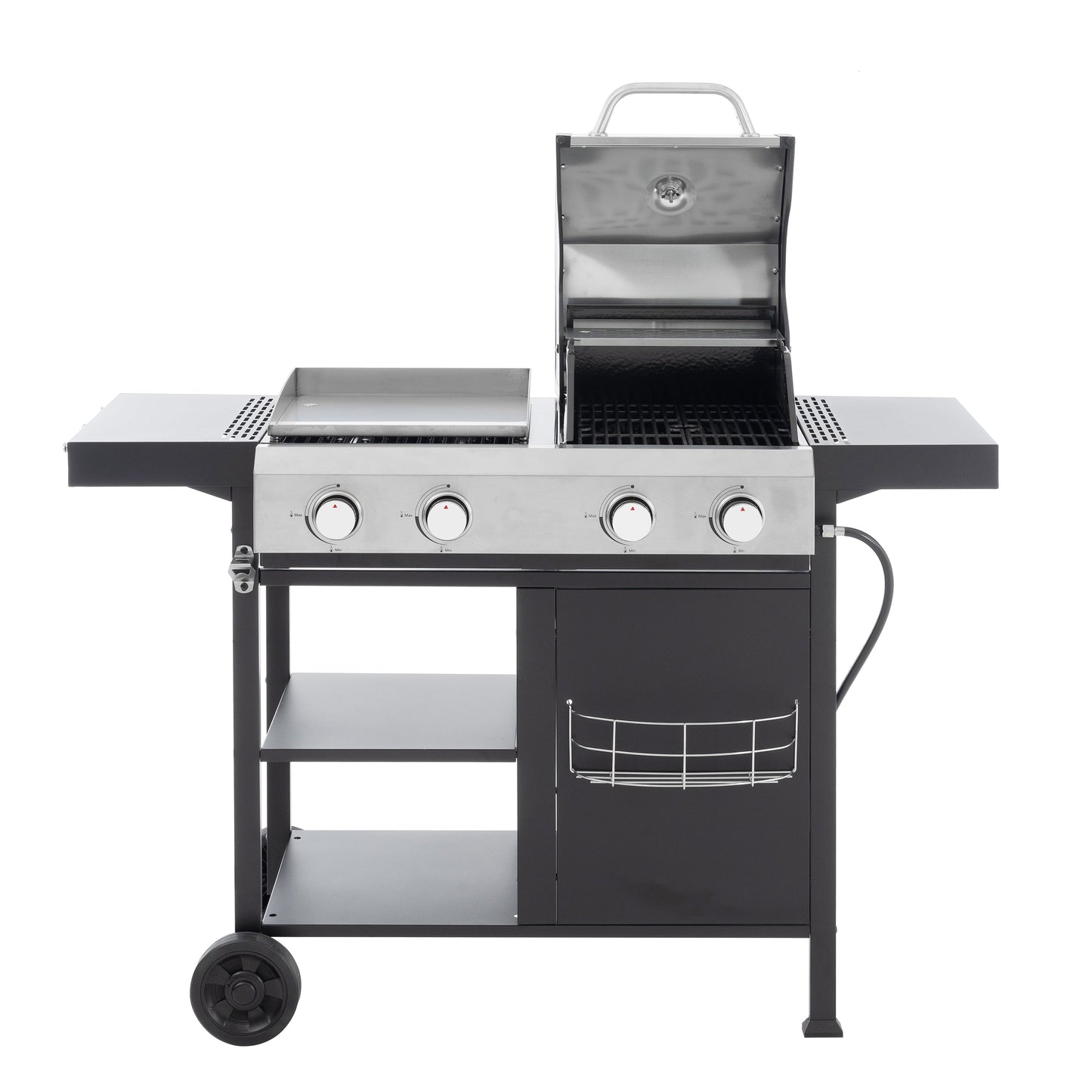 Gas grill and griddle combo front view with four control knobs, grates, and side shelves
