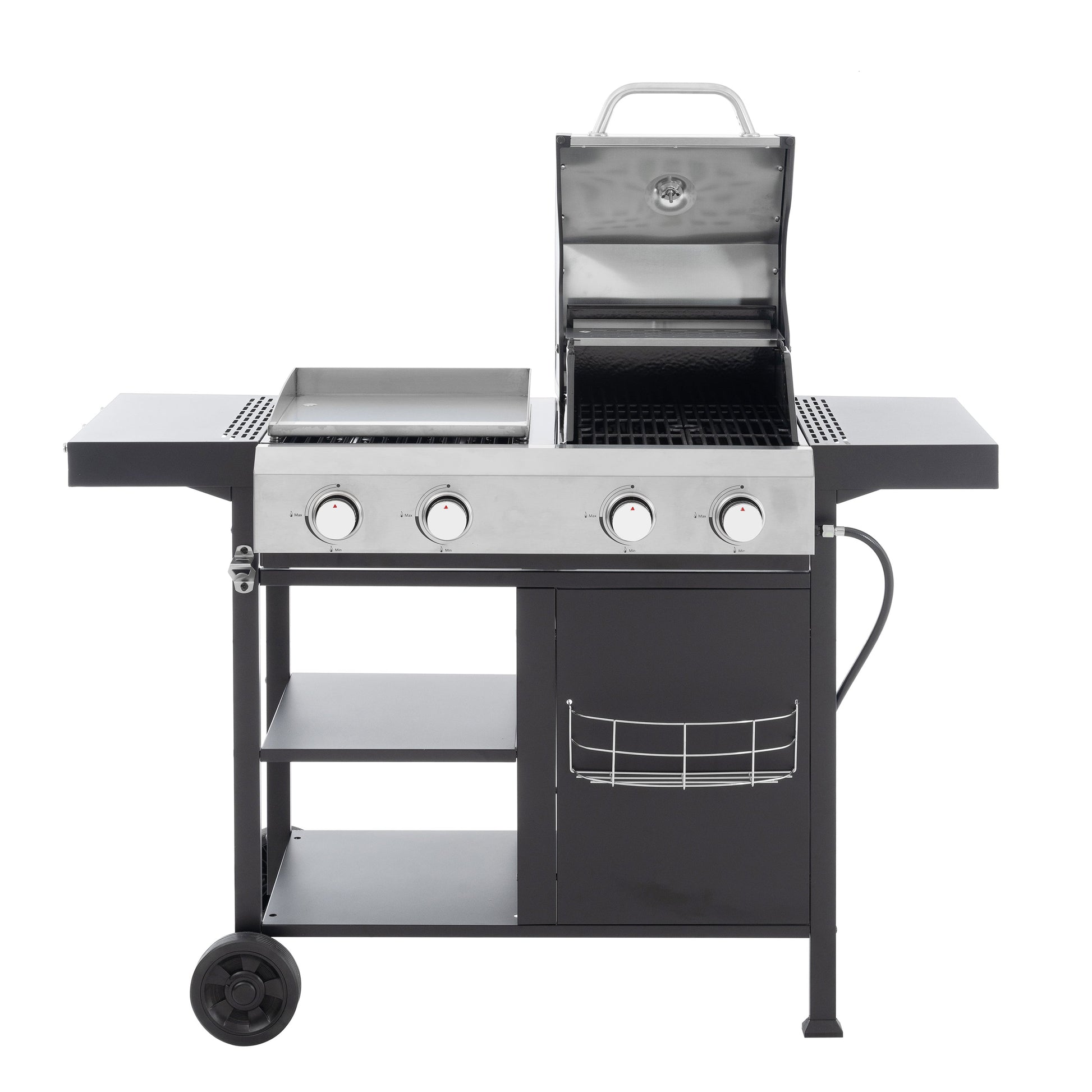 Gas grill and griddle combo front view with four control knobs, grates, and side shelves