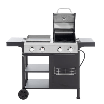 Gas grill and griddle combo front view with four control knobs, grates, and side shelves