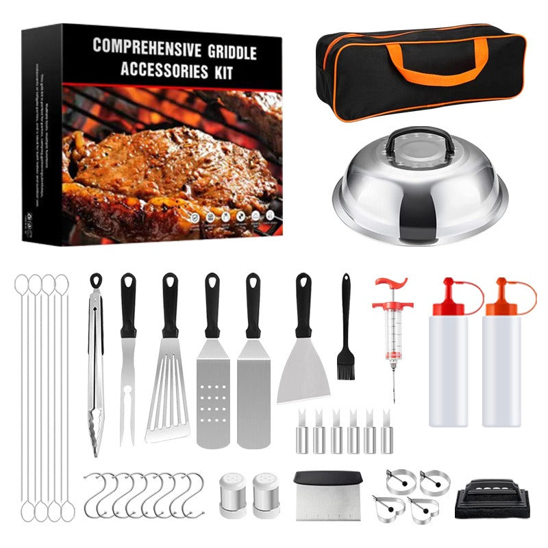 Barbecue griddle accessories kit with black-and-orange storage bag and stainless tools