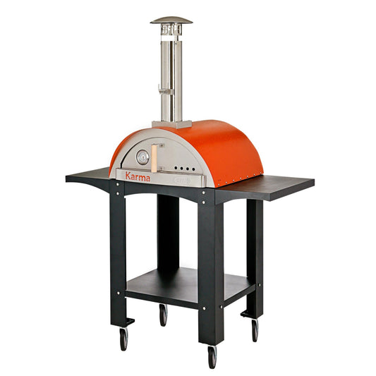 Red wood-fired pizza oven on black stand cart with two shelves and chimney