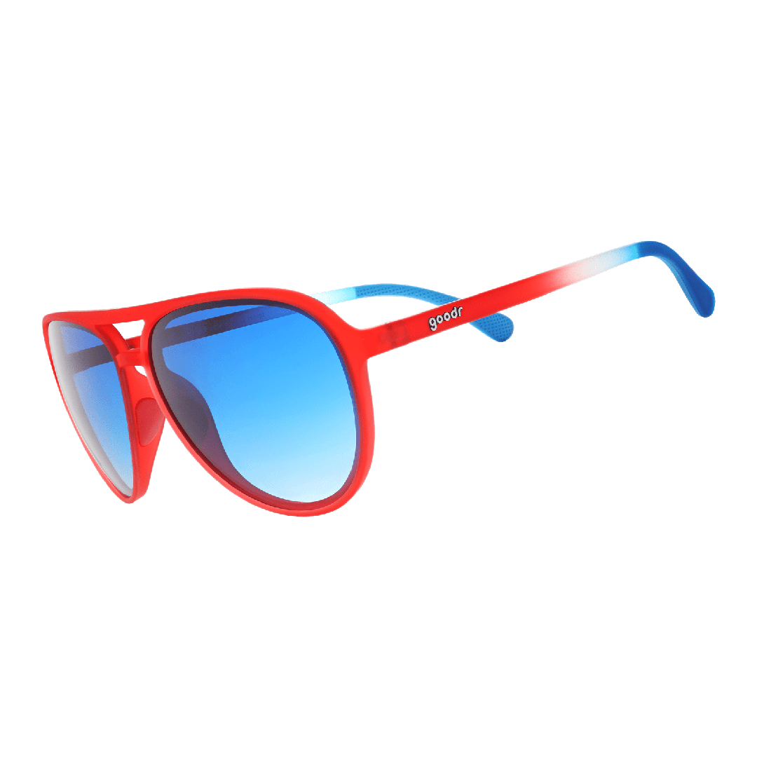 Red polarized aviator sunglasses with blue mirrored lenses, frontal view.