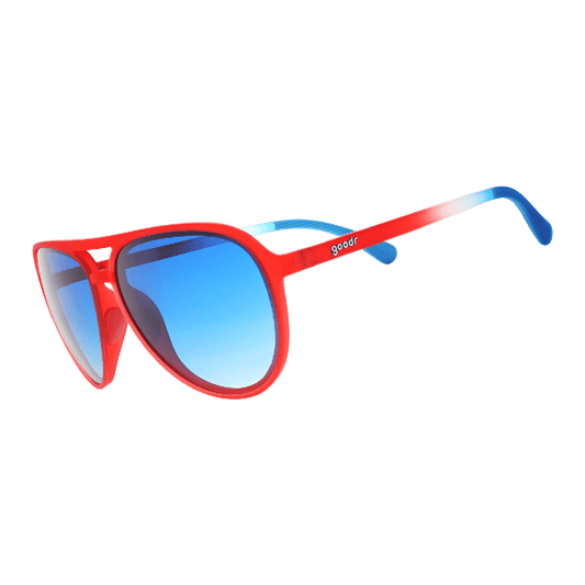 Red polarized aviator sunglasses with blue mirrored lenses, frontal view.