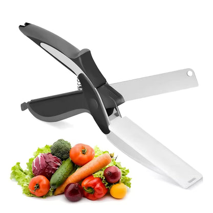 Kitchen scissors with built-in cutting board, black handles and white cutting blade
