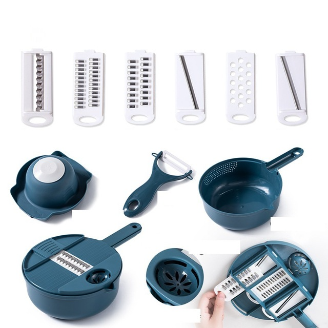 Teal salad chopper bowl with slicer discs and grater attachments