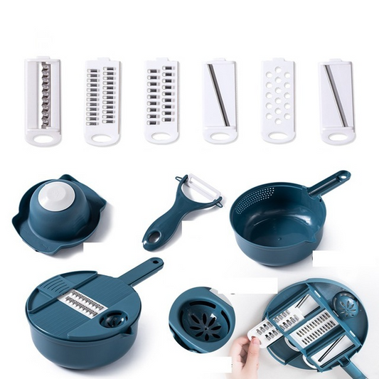 Teal salad chopper bowl with slicer discs and grater attachments