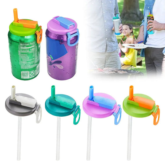 Reusable can cover with silicone straw, matching colorful lids and drinking straws (4-pack)