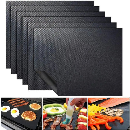 Black non-stick BBQ grill mat sheets with textured surface and overlapping corners