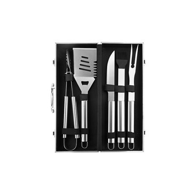 BBQ grill tool set in open aluminum case showing stainless spatula and tongs