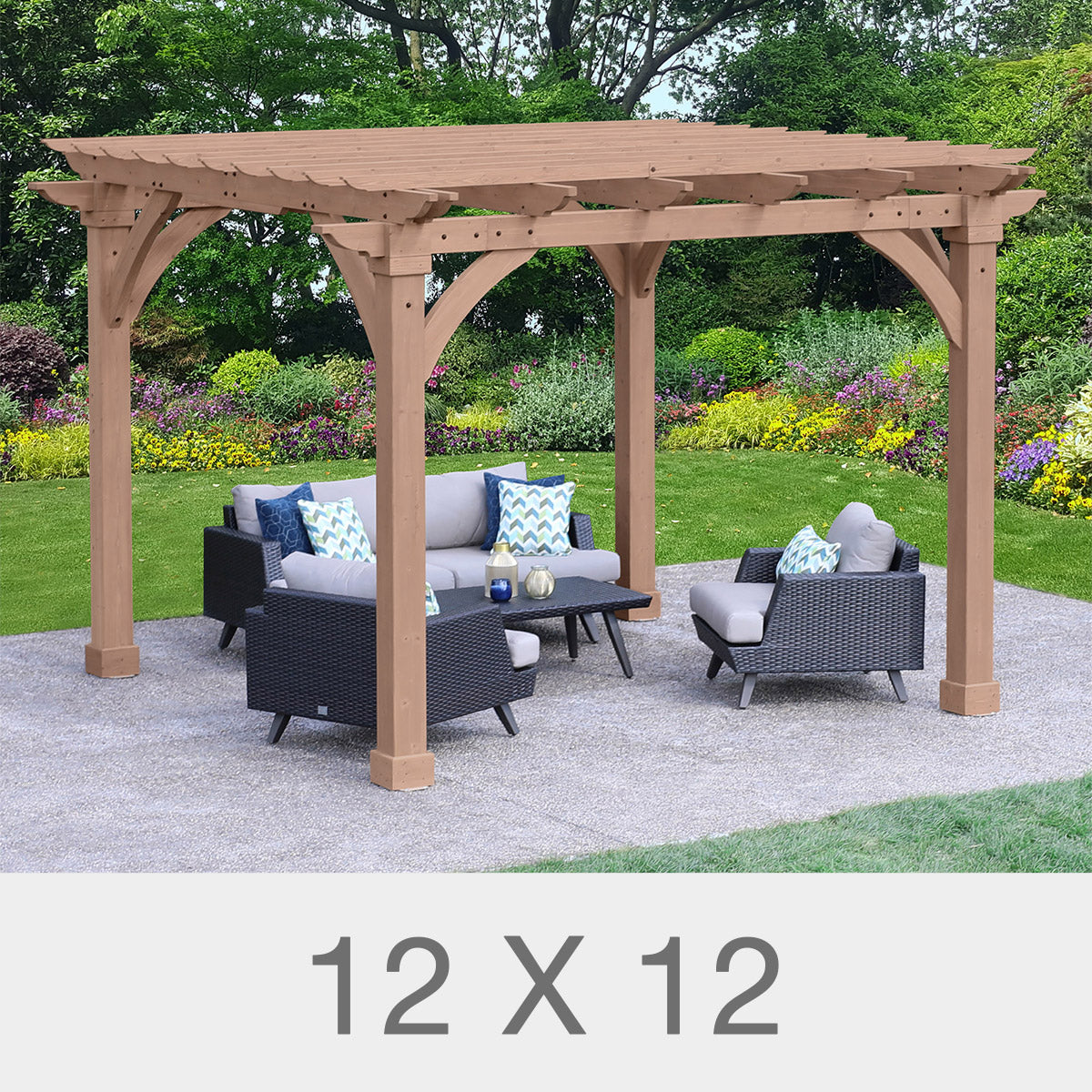 Wood pergola with trellis roof and 6x6 posts, outdoor seating; 12 x 12