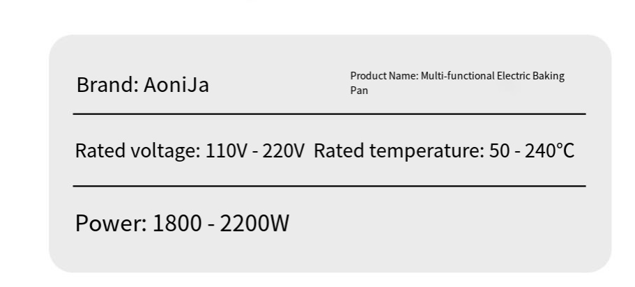 Multi-functional electric baking pan product specification panel with rated voltage