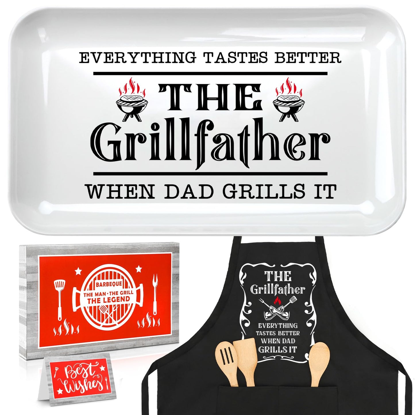 BBQ grilling plate and black apron set with Grillfather flame graphic