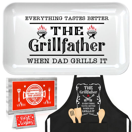 BBQ grilling plate and black apron set with Grillfather flame graphic