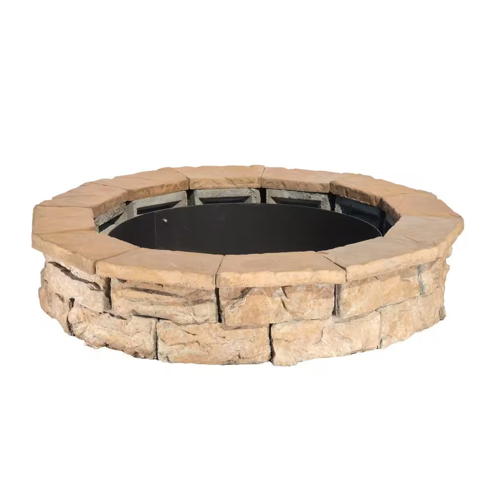 Round stone fire pit kit with dark steel fire bowl and stacked tan rock ring