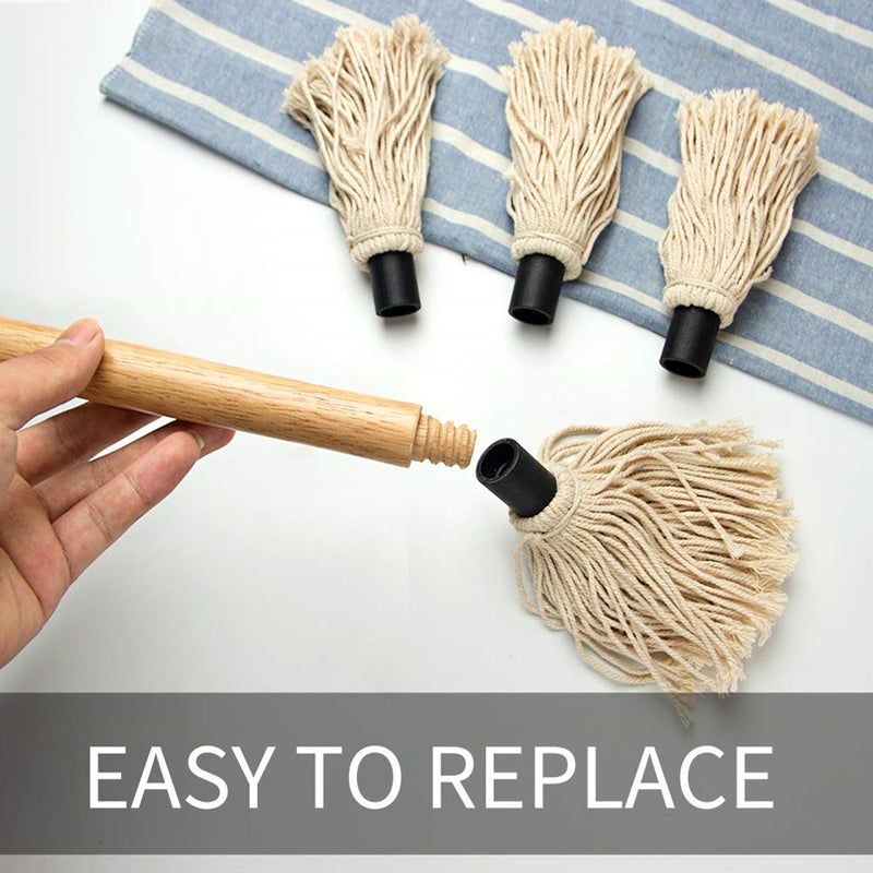 Replaceable cotton mop heads with black caps and light wood handle for grilling