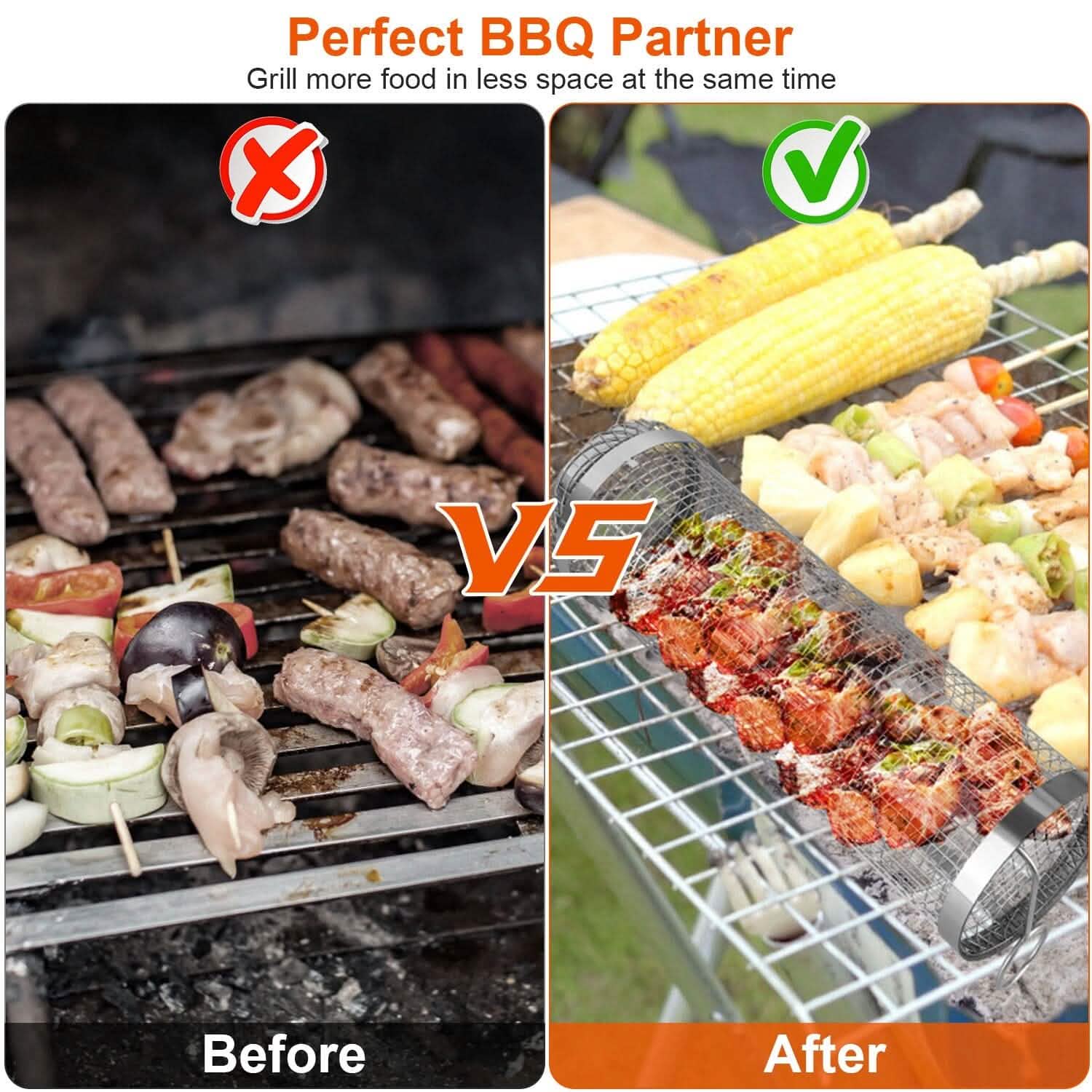 Stainless-steel BBQ grill basket on a grate holding food pieces and vegetables