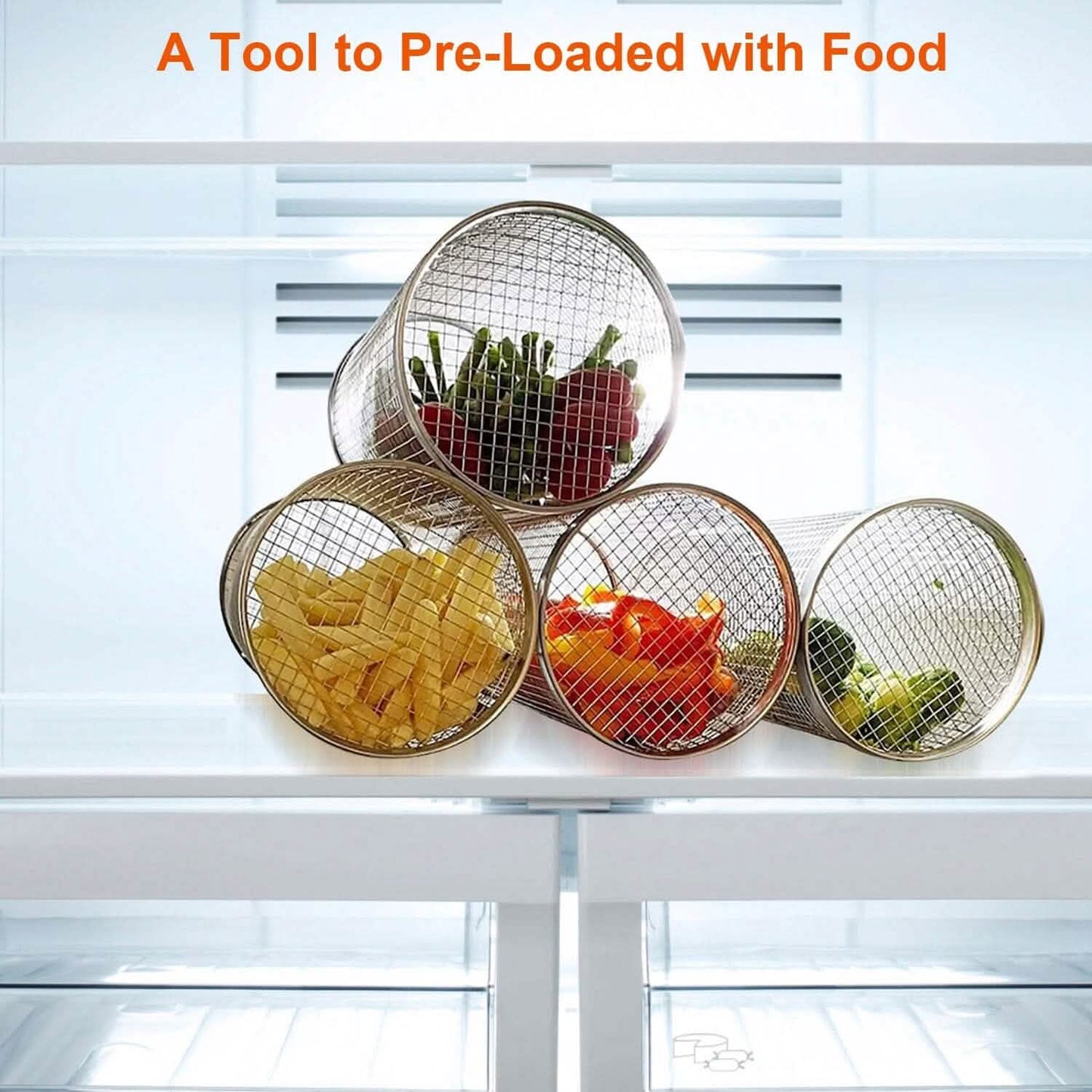 Round wire grill baskets storing ingredients in a freezer drawer