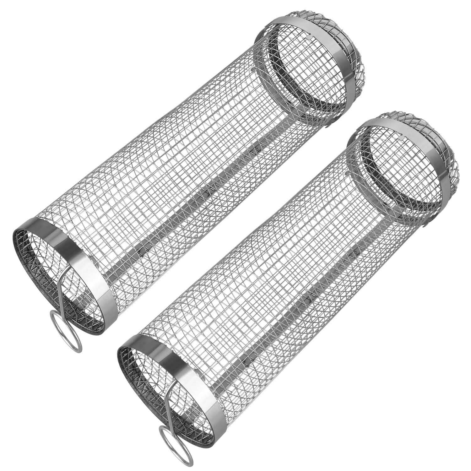 Round stainless-steel BBQ rolling grill basket, two-piece set with mesh tubes