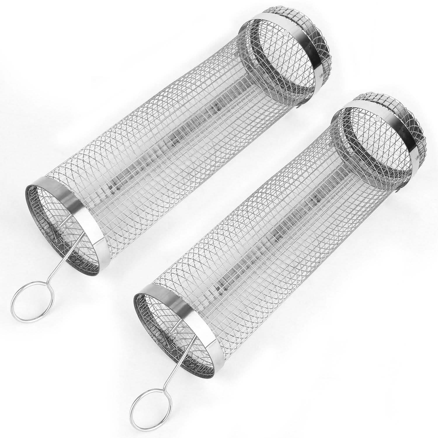 Two cylindrical BBQ grill baskets with wire mesh grid and loop handles
