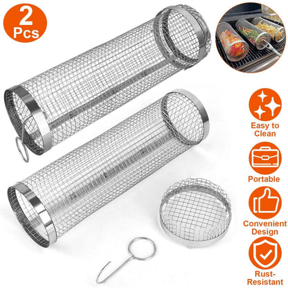 2-piece portable round stainless-steel BBQ grill basket set with small basket