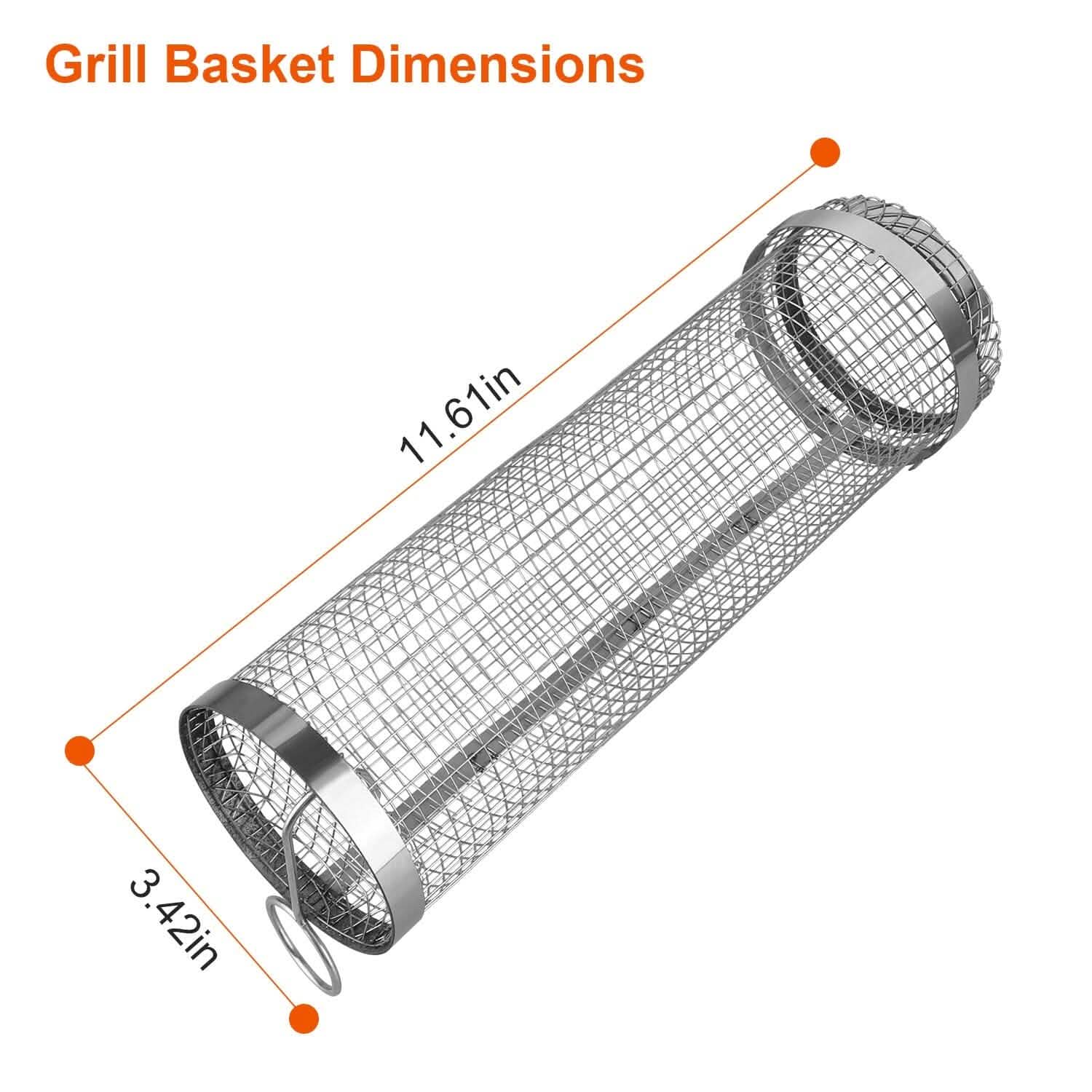 Cylindrical stainless-steel wire BBQ grill basket with loop handle end caps
