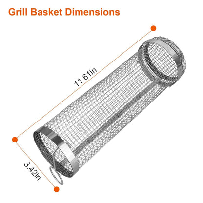 Cylindrical stainless-steel wire BBQ grill basket with loop handle end caps